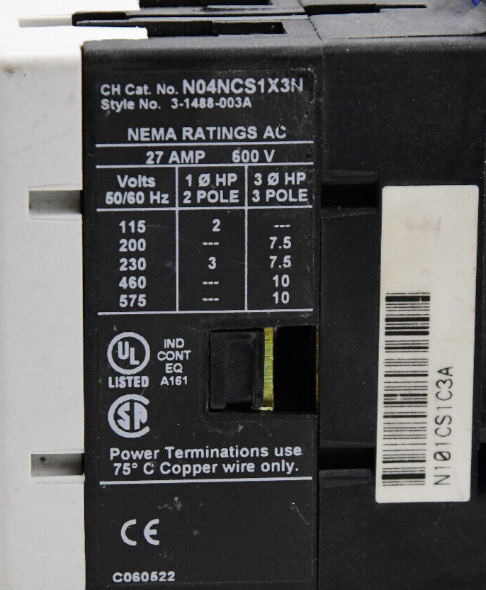 N04NCS1X3N, N05NCXRB3A Eaton/Cutler Hammer NEMA 1 Starter Contact Block -SA