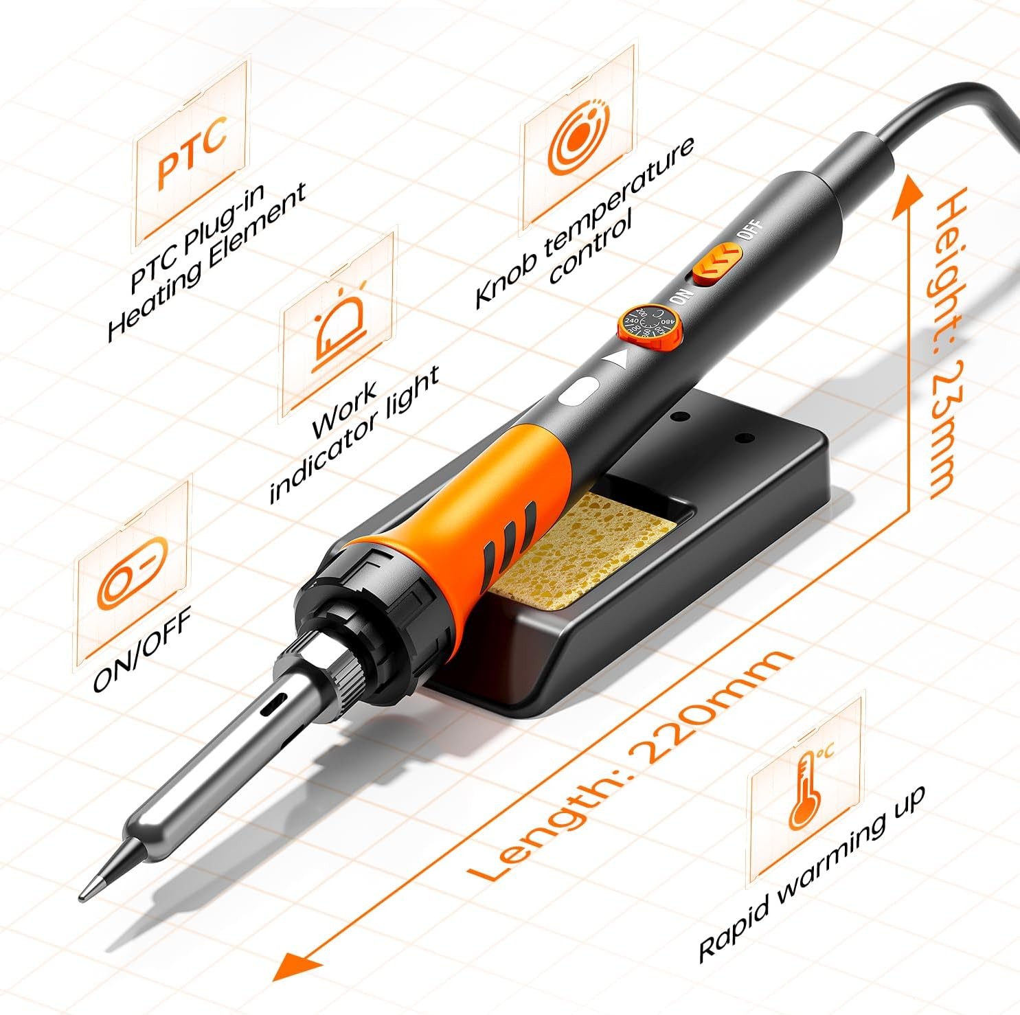60W Adjustable Temperature Soldering Iron Kit – 9-in-1 With 5 Tips, Orange