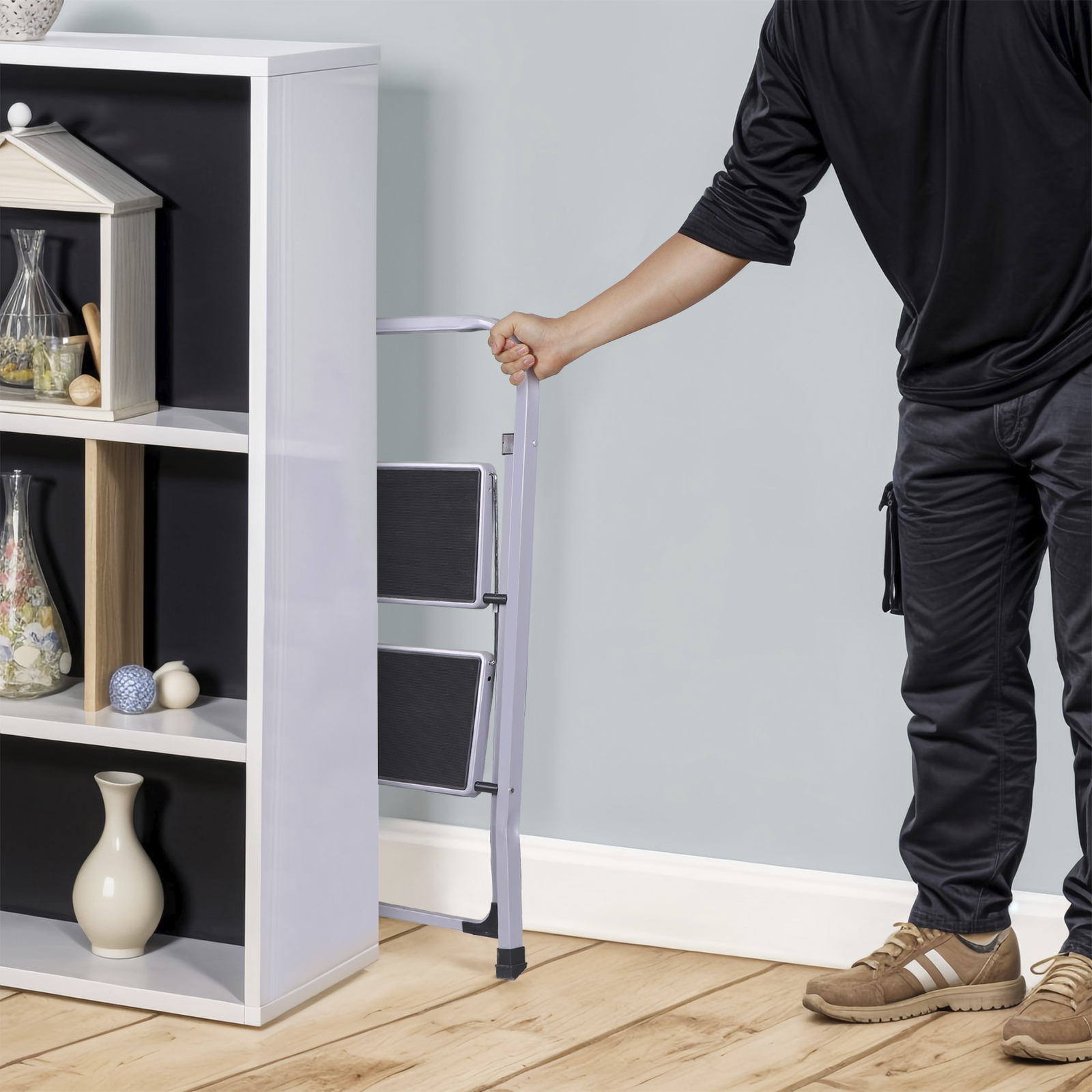 2 Step Ladder w/Anti-Slip Pedal Convenient Handgrip for Home Daily Use Gray