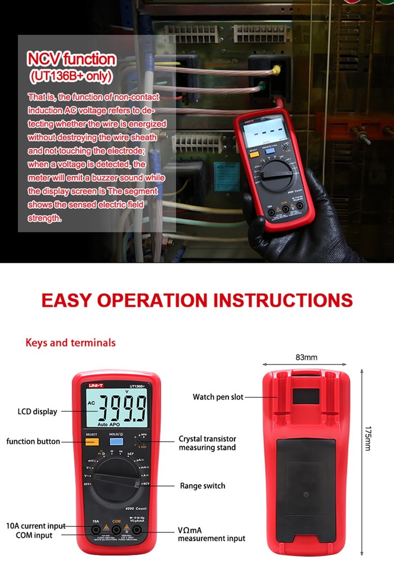 UNI-T UT136B+ Handheld Digital Multimeter Auto AC/DC DMM 1KV 10A NCV Cap tester