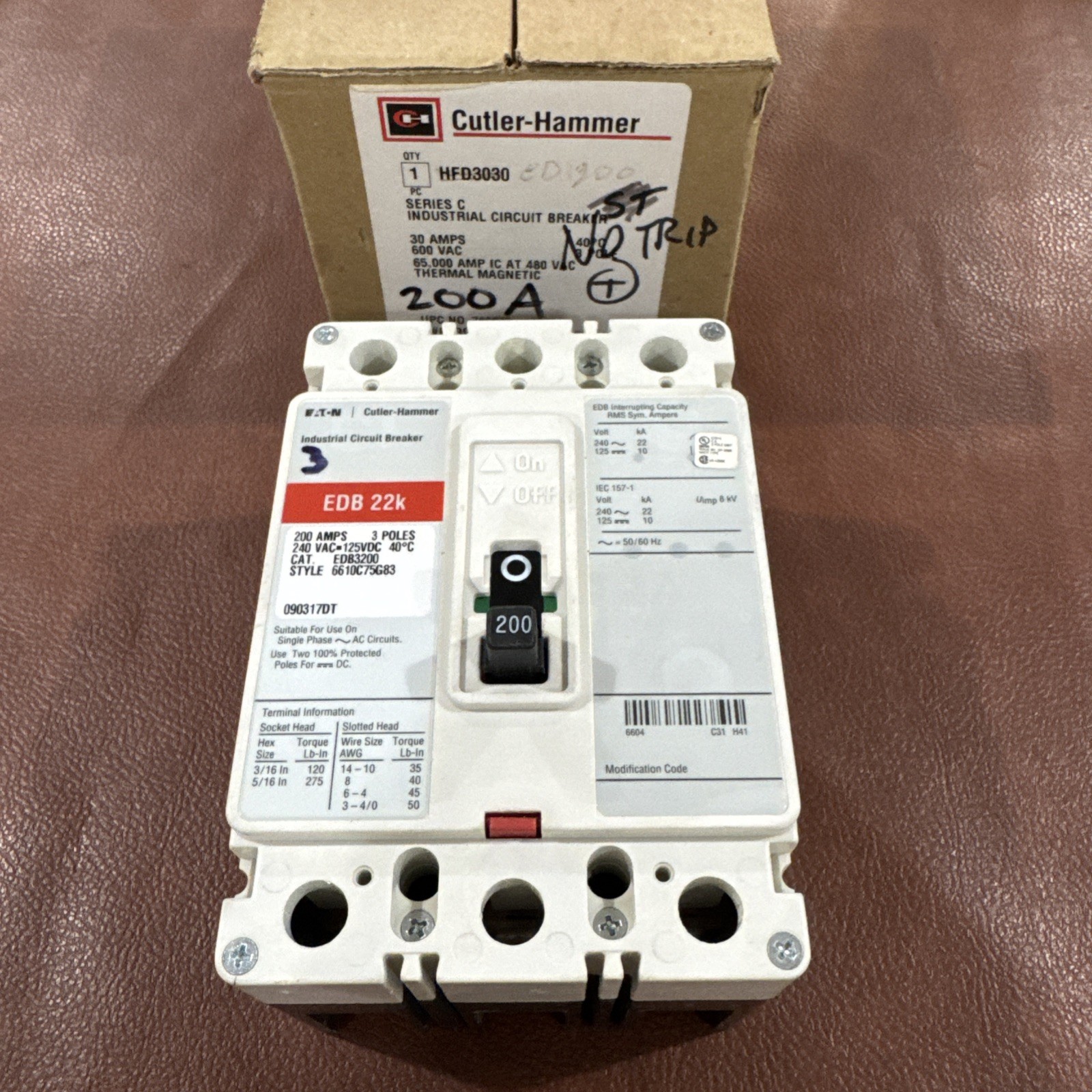 Eaton Cutler Hammer 200A 3P EDB3200 200 Amp 240V 3 Pole Circuit Breaker EDB 22k