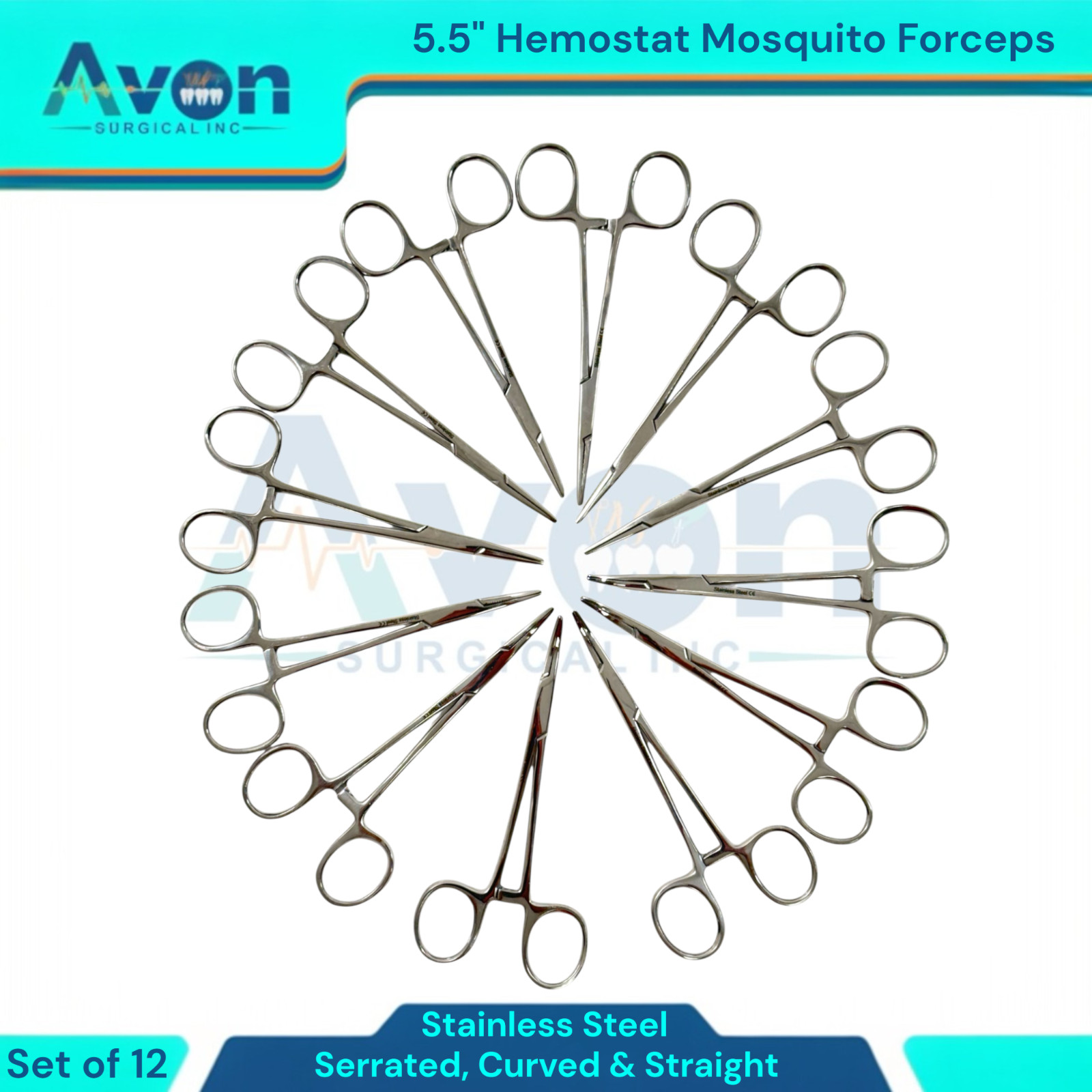 5.5in Hemostat Locking Mosquito Forceps Clamps | Cur+Str, Serrated | 12pc Lot
