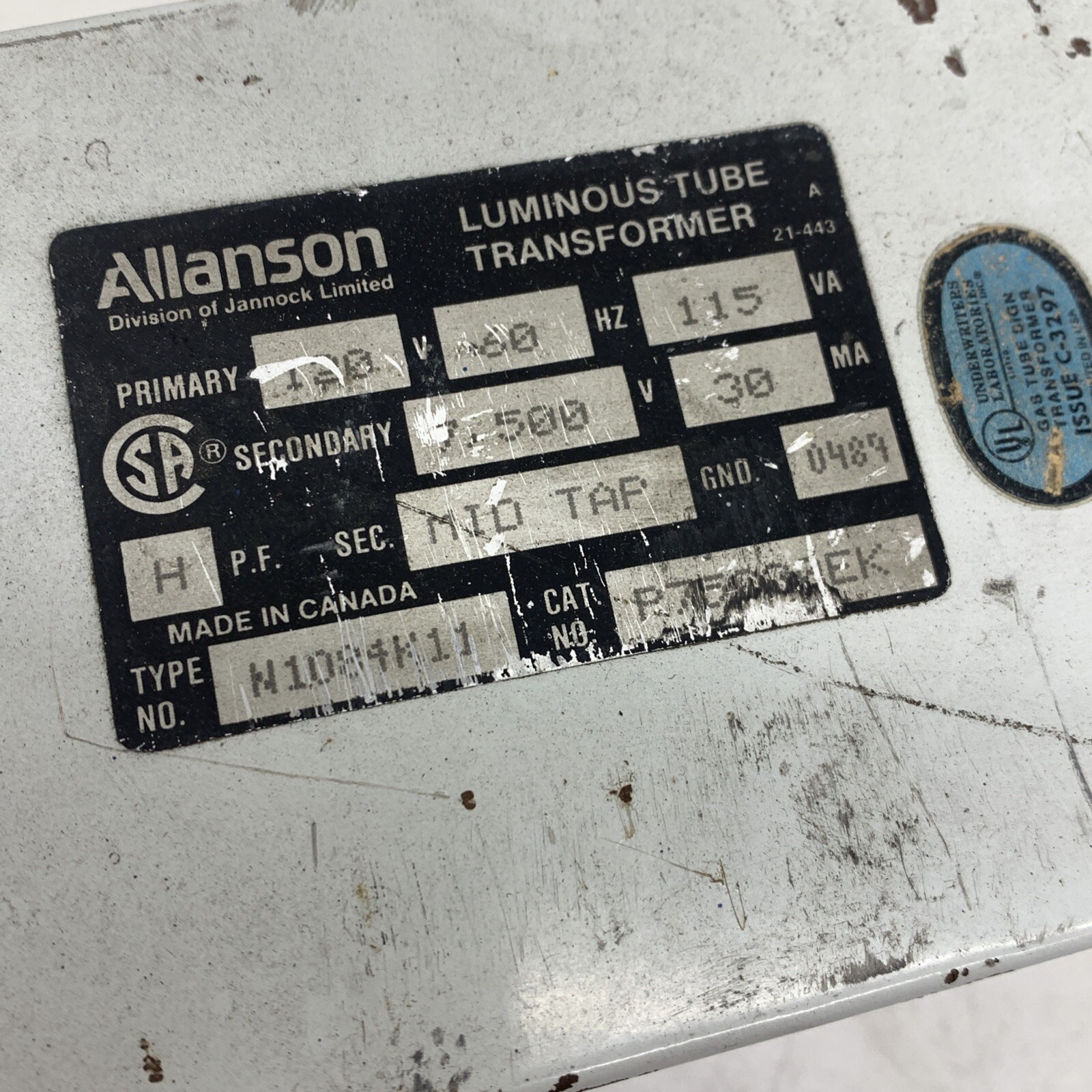 Allanson P75C30EK Luminous Tube Neon Sign Transformer 120V to 7500V 30mA