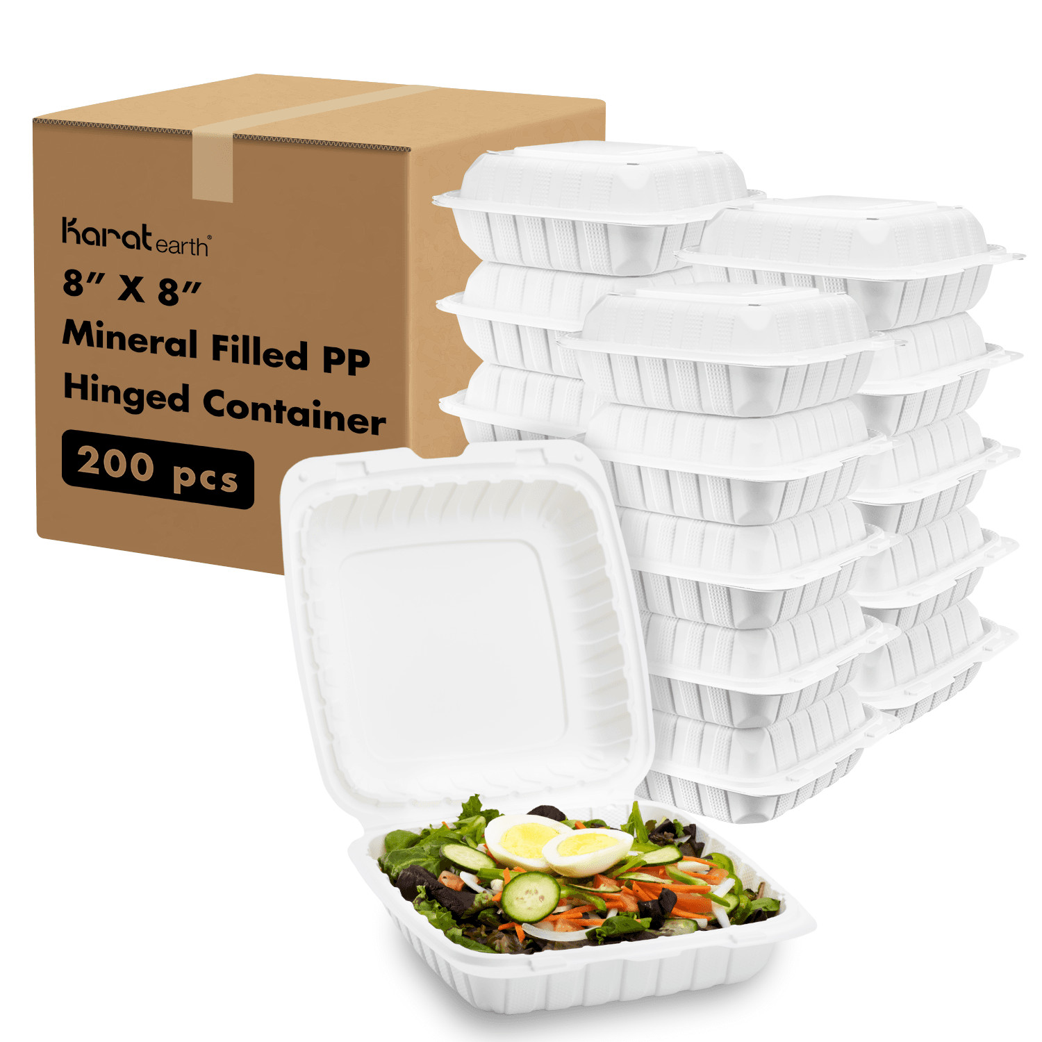 Karat Earth 8″ x 8″ Mineral Filled PP Hinged Container, 1 compartment – White