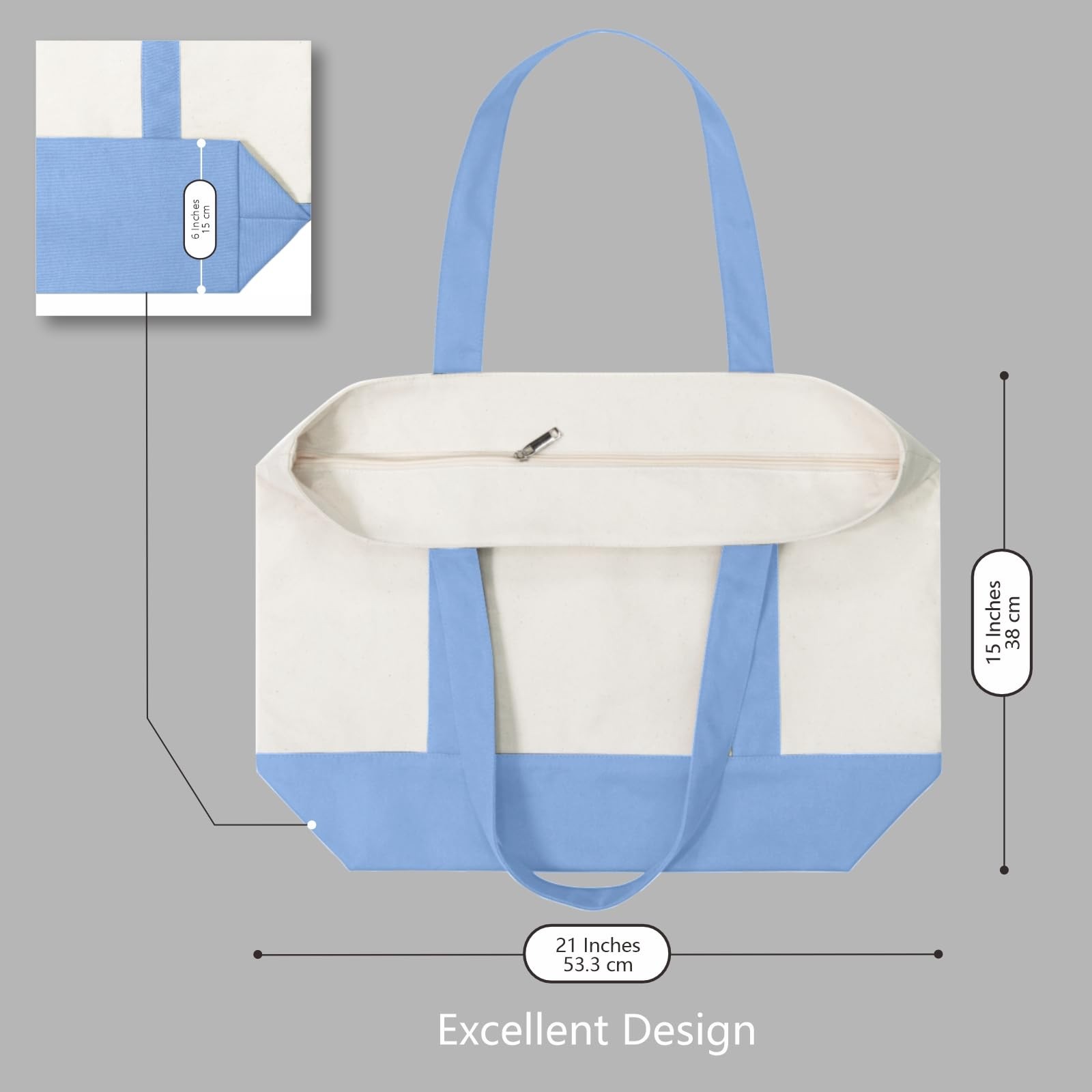 TOPDesign 1-Pack Canvas Tote Bag with an External Large, Light Blue/Natural