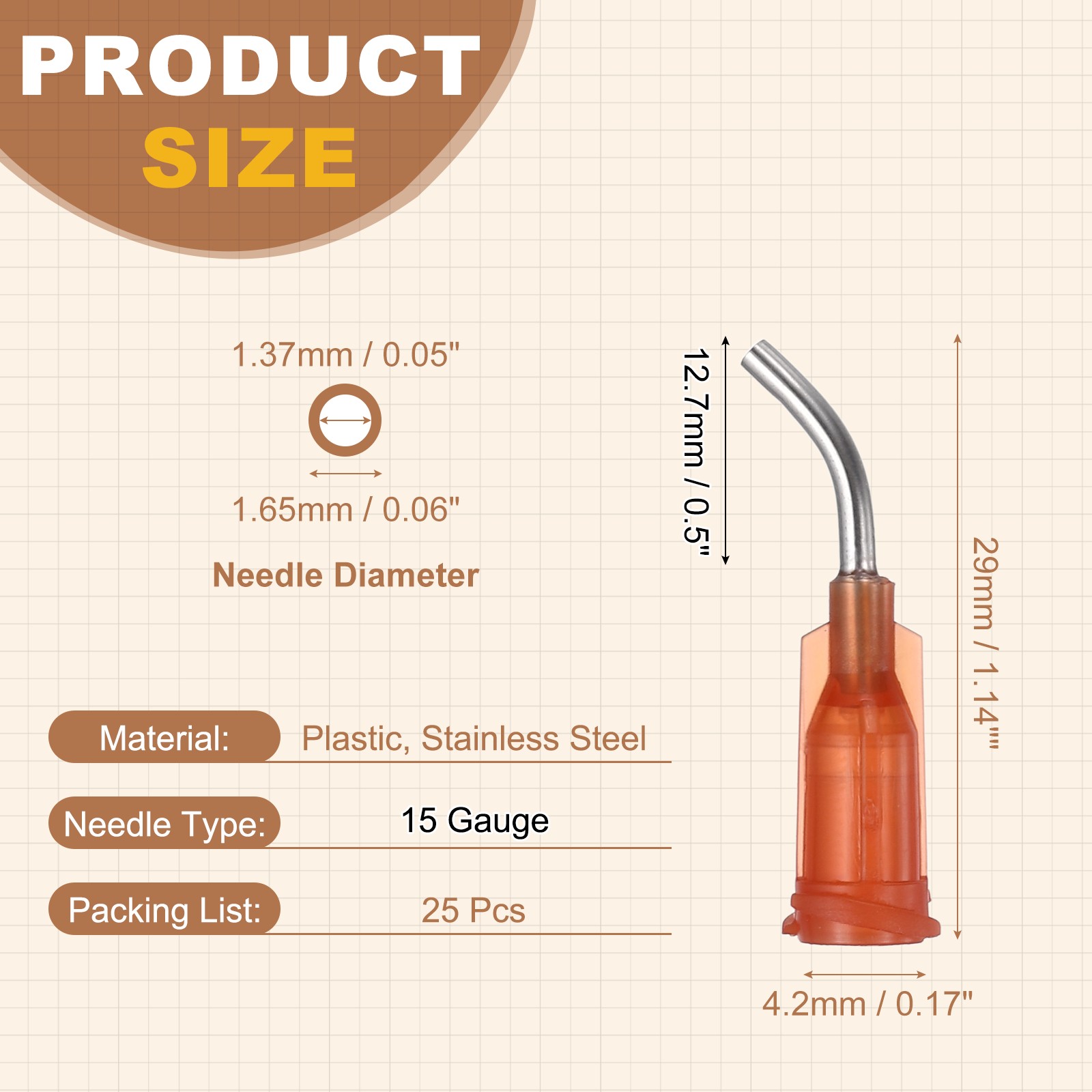 25Pcs 0.5Inch 15Ga 45° Angled Dispensing Needles, Brown