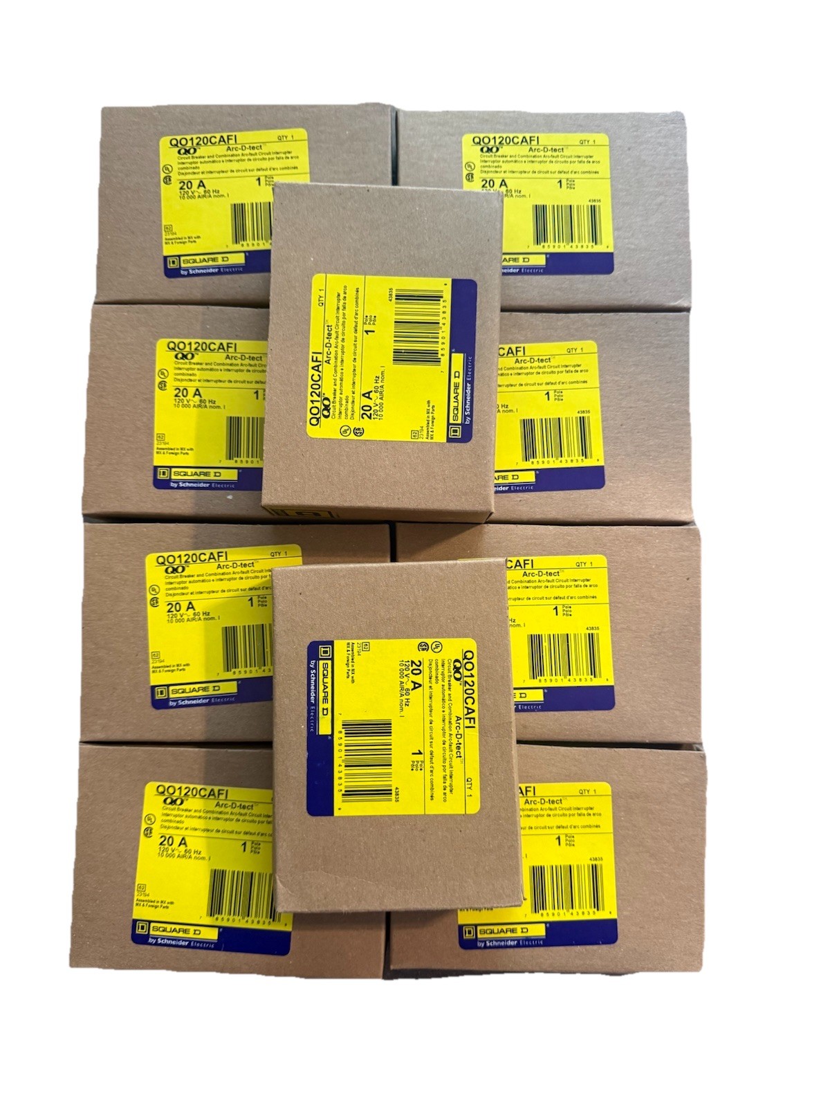 10x Square D QO120CAFI 1p 20a QO Plug In AFCI Circuit Breaker – NEW – LOT OF 10