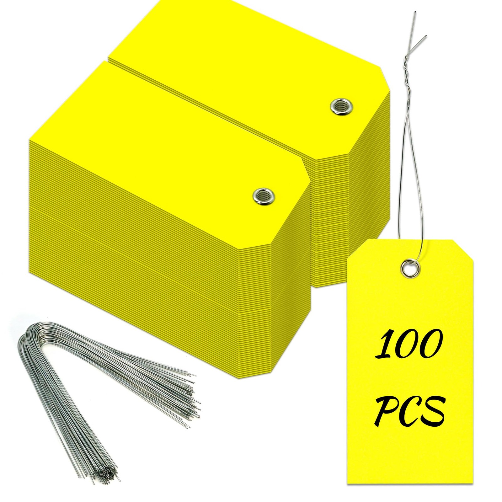 100 Pieces Plastic Shipping Tags with Reinforced Wire 2.36 x 4.7, Yellow