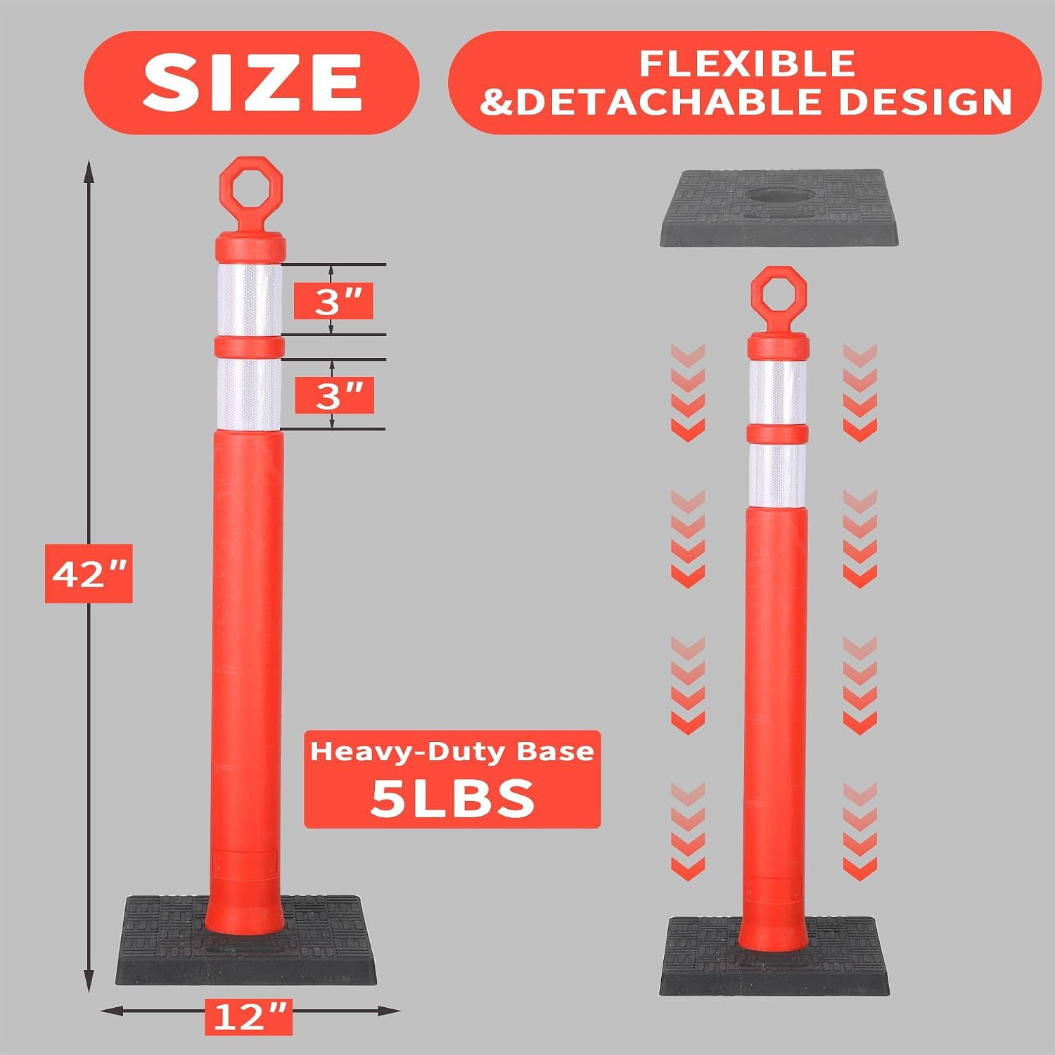 6 Pack 42 Inch Orange Traffic Delineator Posts, Heavy-Duty Safety Posts with 360