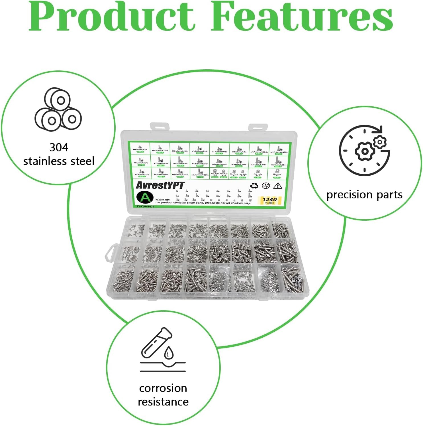 1240Pcs 304 Stainless Steel Metric Micro Screws Nuts Assortment, M1 M1.2 M1.4…