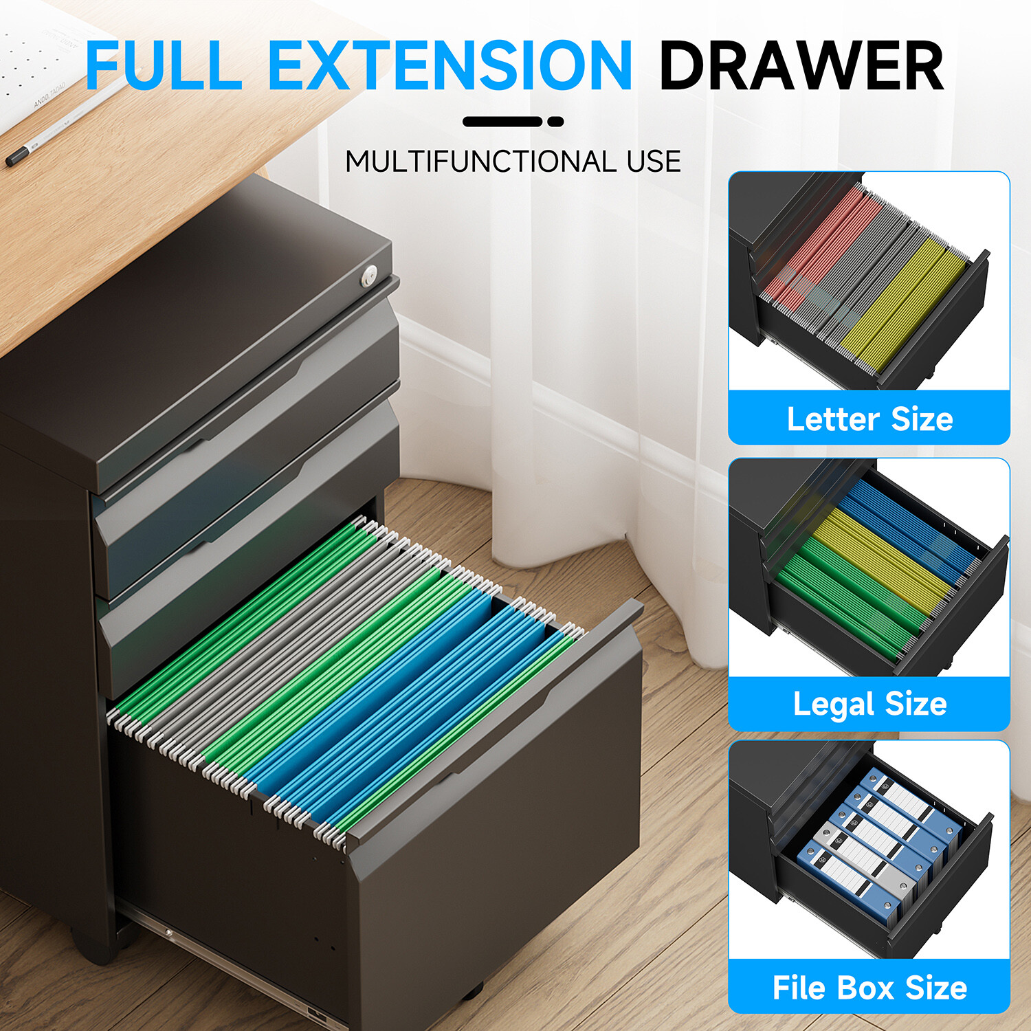 3 Drawer File Cabinet with Lock,Office Under Desk Rolling Filing Cabinet Storage