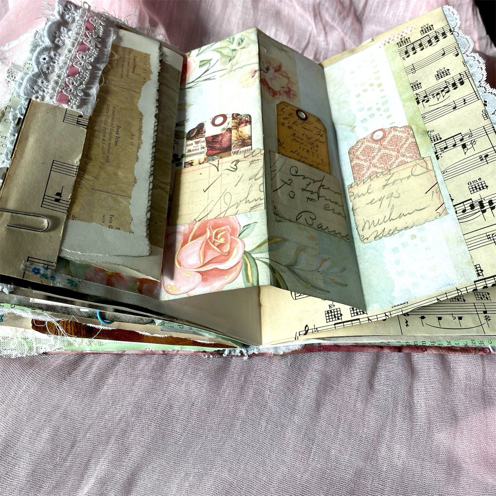 Handmade Vintage Silk Fabric Junk Journal Book Romantic Floral 2 Signatures Lace