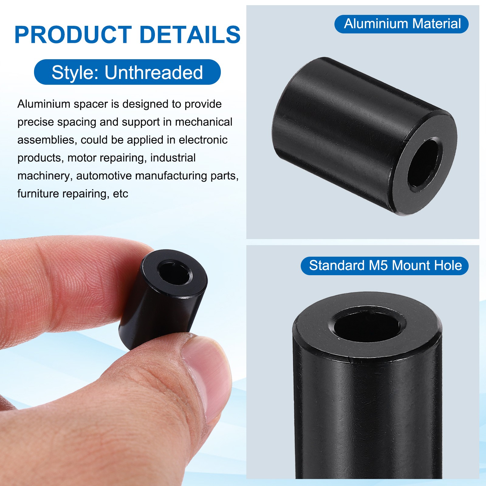 Aluminium Spacer, M5 3/16″ ID x 1/2″ OD x 5/8″ L, (Pack of 10)