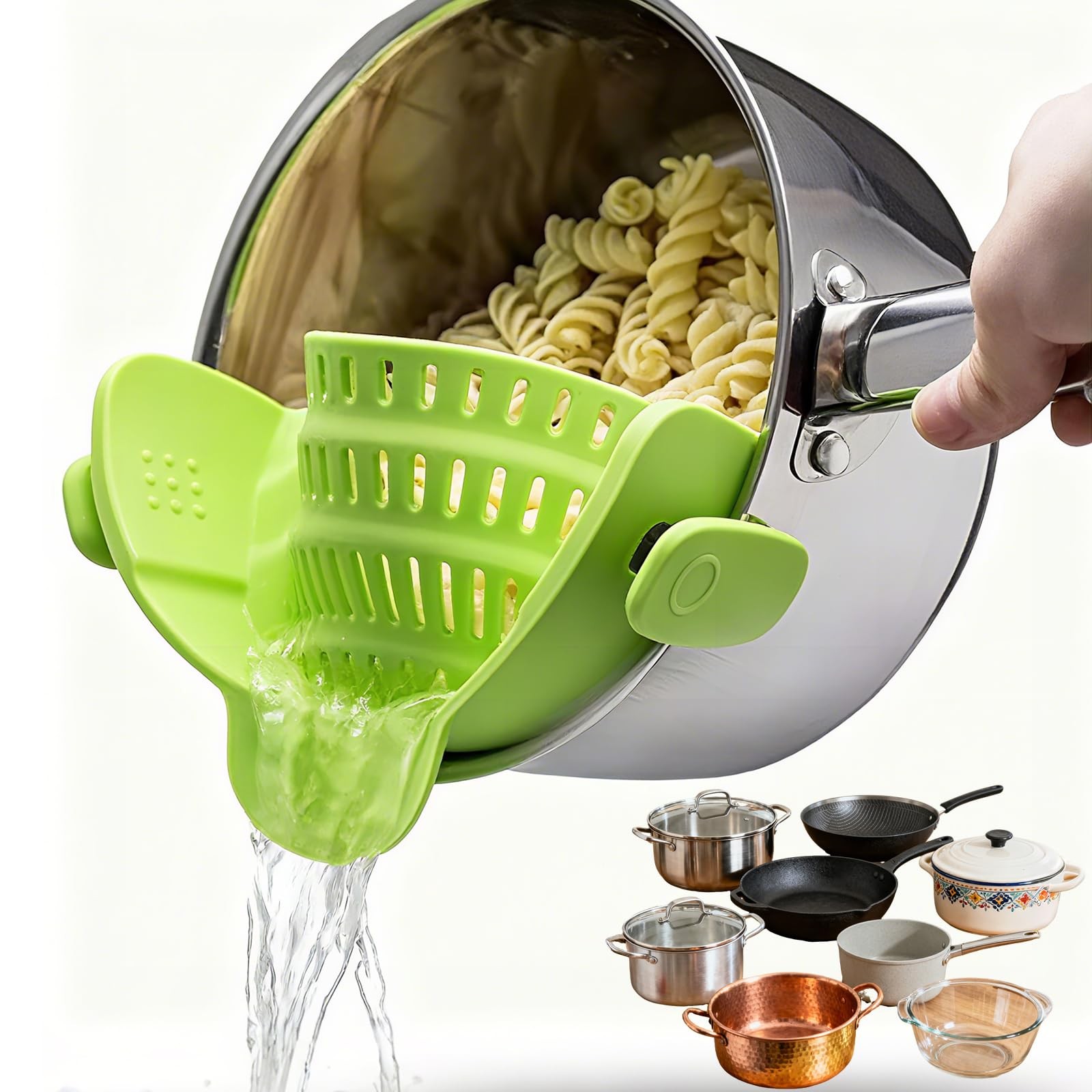 AriesMu Pasta Strainer Clip-on Silicone Colander for 9.45*4.72*2.36in, Green