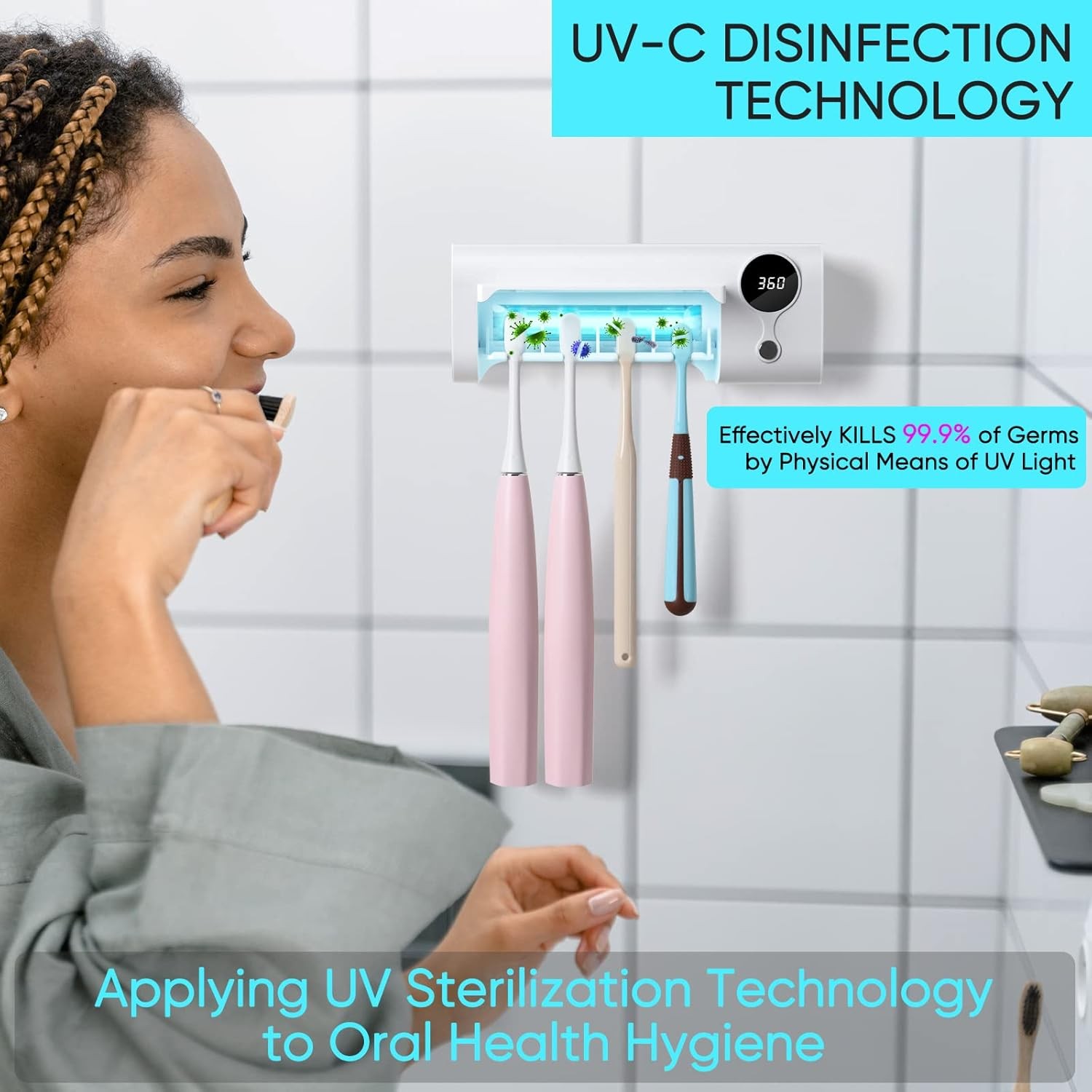 Rechargeable Toothbrush Holder Cleaner Wall Mount 4 Slots No Drilling
