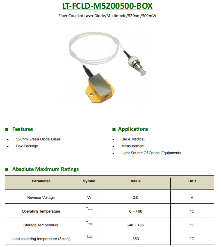 MultiMode 520nm/525nm Fiber Coupled Laser Diode Fiber Core Diamete 50μm/100μm