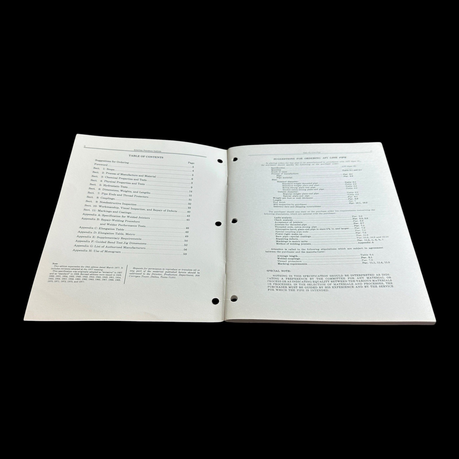 API Spec 5L Specification for Line Pipe 30th Edition March 1978 Manual