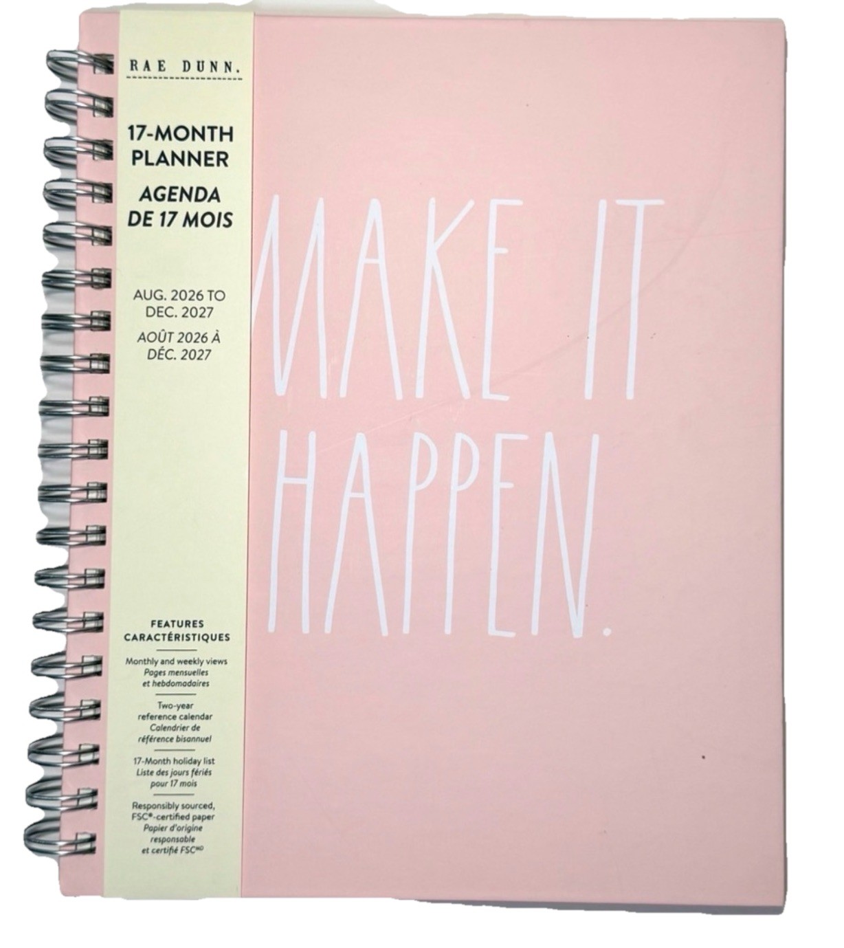 2027 Planner Rae Dunn Make It Happen 17 Months Aug 2026- Dec 2027 Pink 10×8”