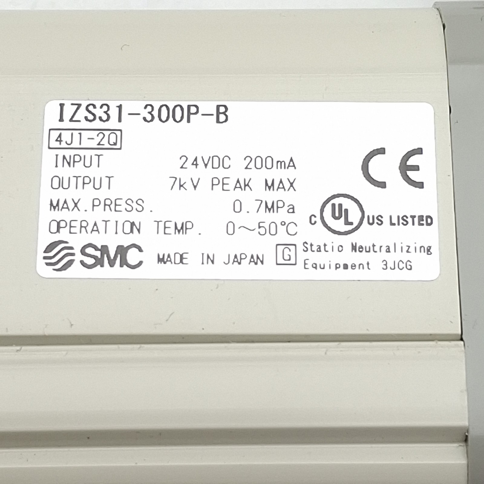 SMC IZS31-300P-B Ionizer Bar, 300mm Length, 7kV Max Out, 200mA 24VDC In, 0.7MPa