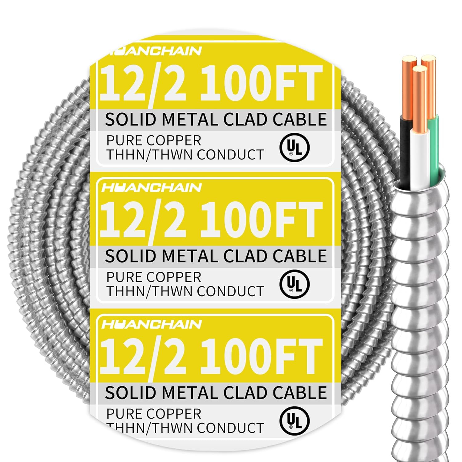 100 Ft 12/2 MC Cable with Ground, Aluminum Armor, UL Listed, Indoor/Outdoor