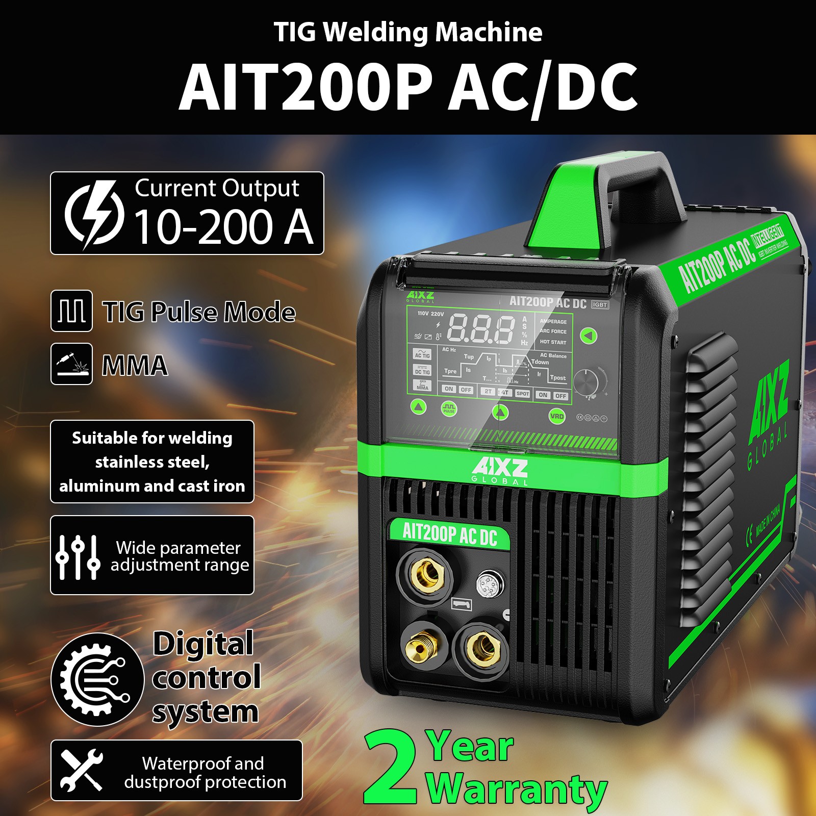 AC DC Aluminium TIG/ARC Welding Machine 200A 110V/230V Pulse Spot HF TIG &Helmet