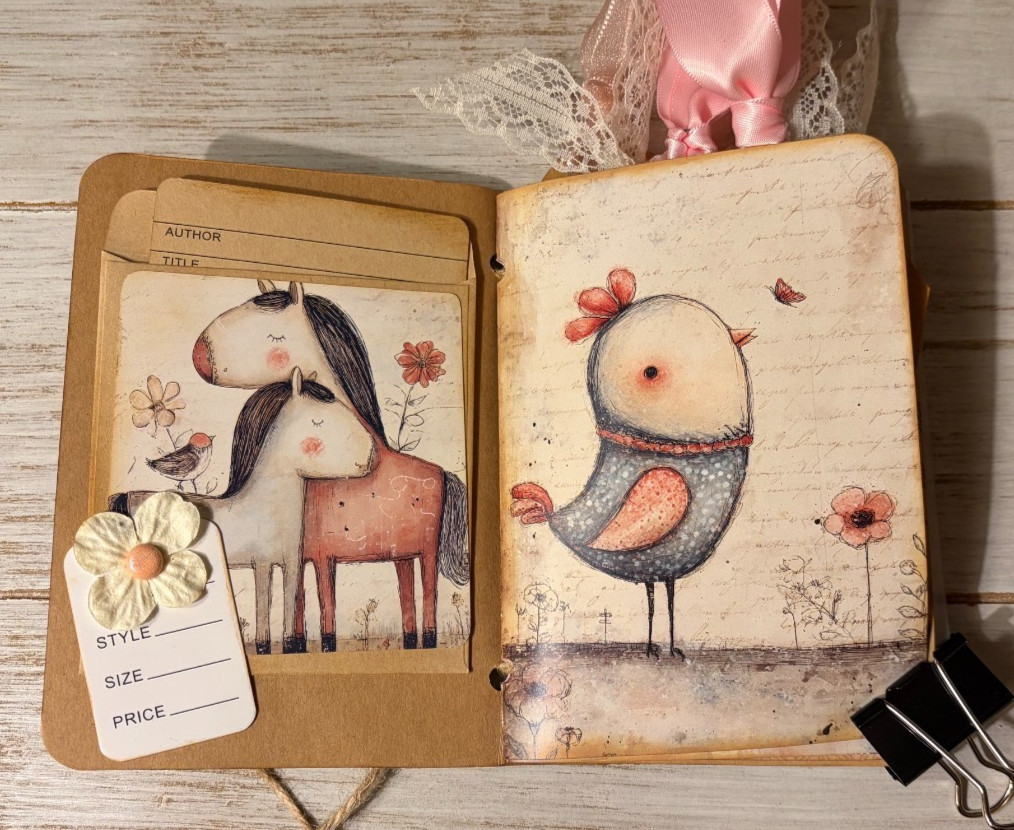 Junk Journal Handmade Booklet Book Vintage «Cute Animals» Pockets, Ephemera b