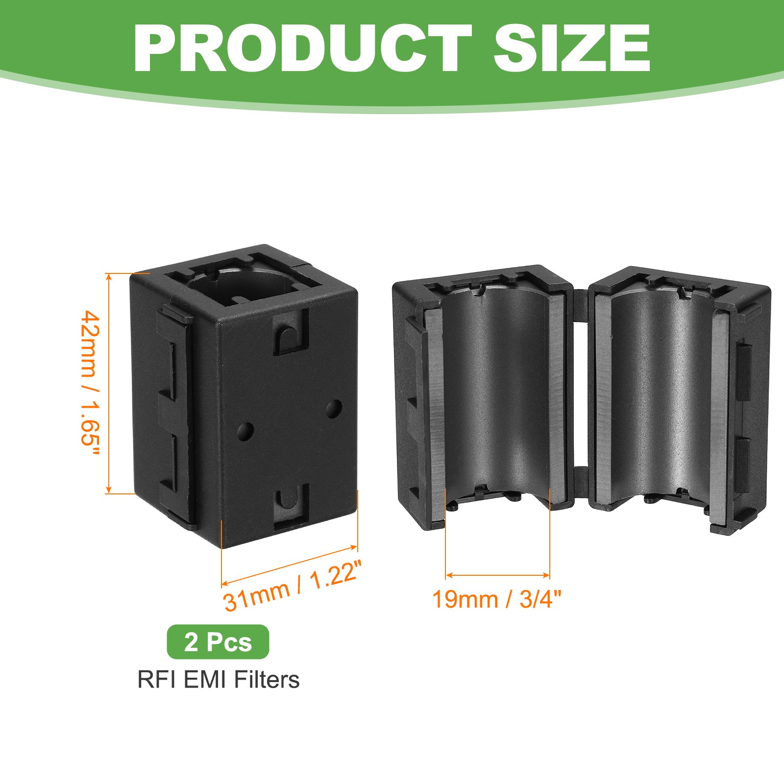 19mm Clip-on Ferrite Ring Core Square for Cable, Black Enhanced 2pcs