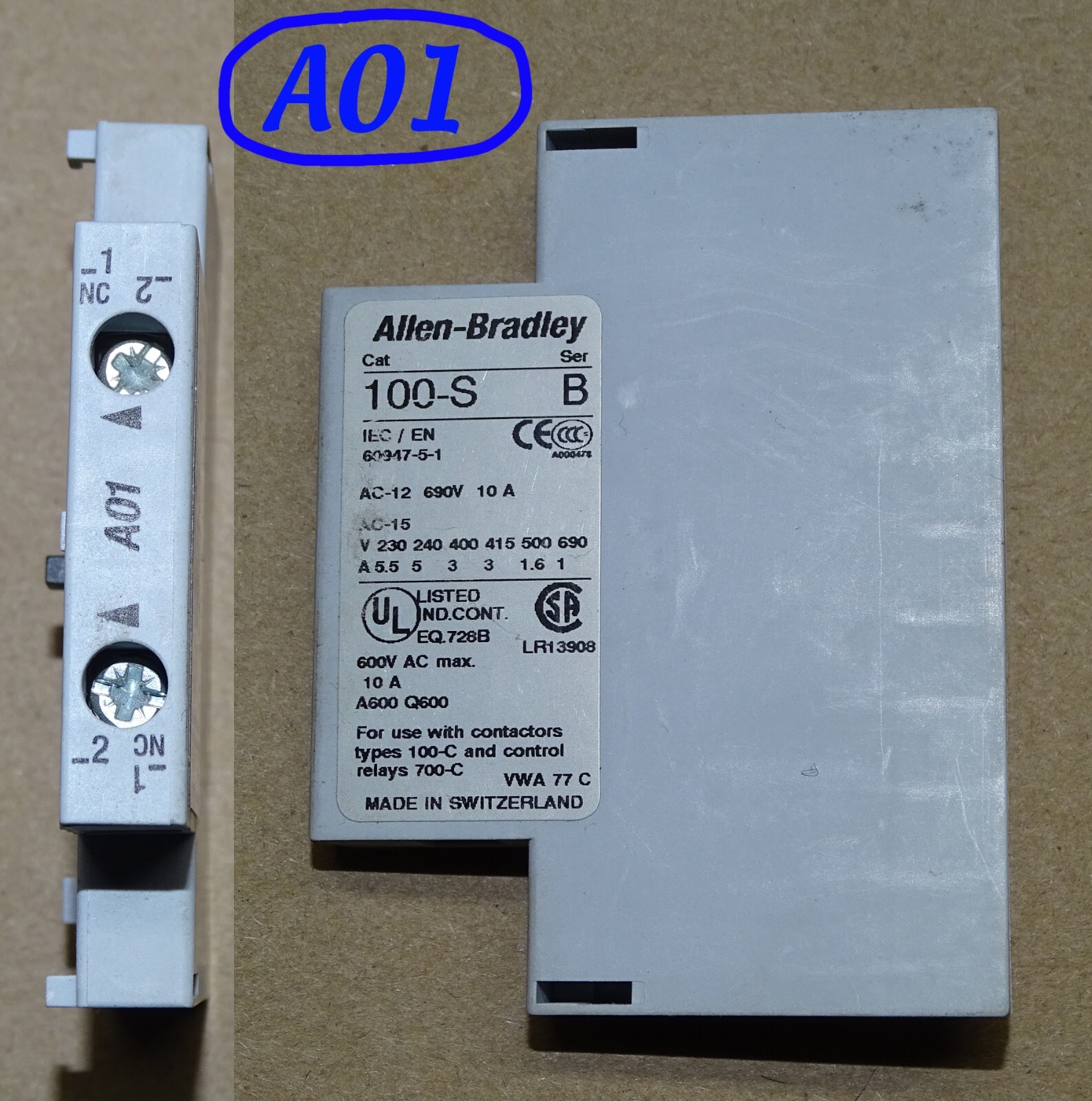 Allen Bradley 100-S Auxiliary Contact Block: A01, A10, A11, AL11, A20, B10, B11