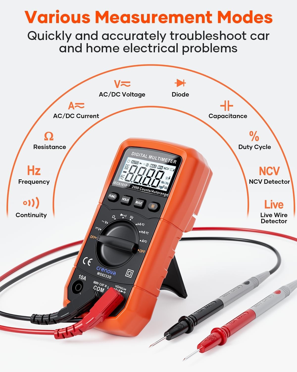 Crenova MS8233D Multimeter 6000 Counts Digital Multimeter DC AC Volt Meter Ohm V