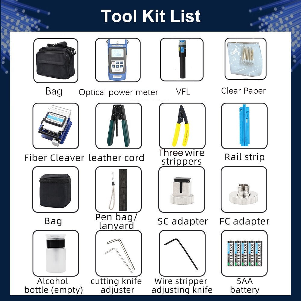 9 In 1 Fiber Optic FTTH Tool Kit with FC-6S Fiber Cleaver & Power Visible Meter