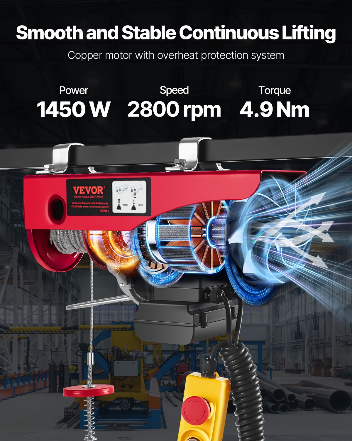 VEVOR Electric Hoist 1760lbs Crane Winch with Wired Remote Control 1450W 110V