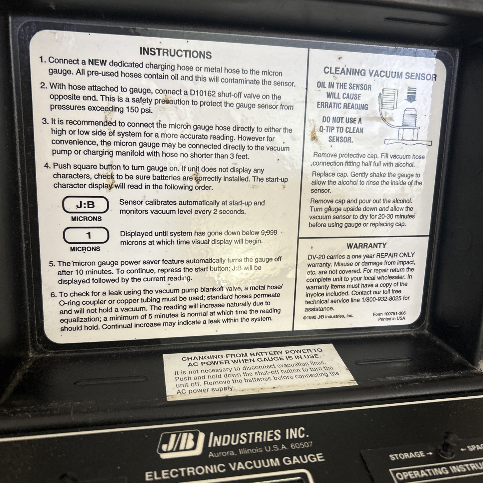 JB Electronics DV-20 Digital Vacuum Gauge / Gauge Only