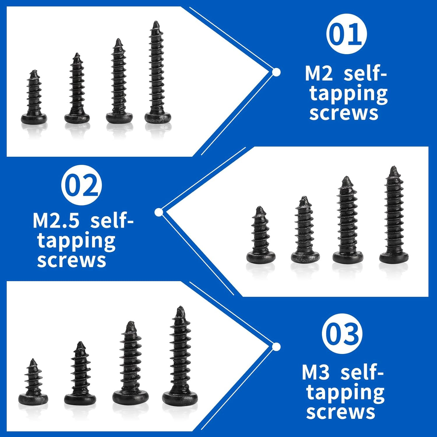 1300 Pcs Wood Screws Assortment Kit, M2 M2.5 M3 Small Phillips Pan Head Self Tap