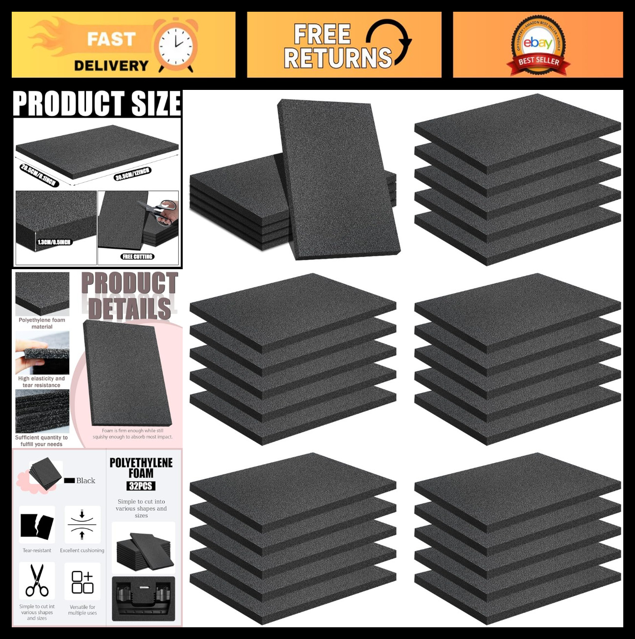 32 Pcs Black Foam Sheets 12″ x 8″ x 0.5″ – Packing, Craft, Moving, Shipping Padd