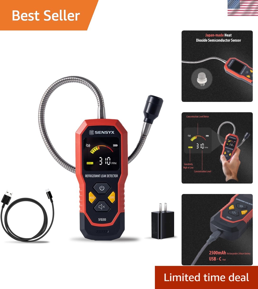 Audible Alarm Refrigerant Leak Detector with USB-C Recharge & Comfort Features