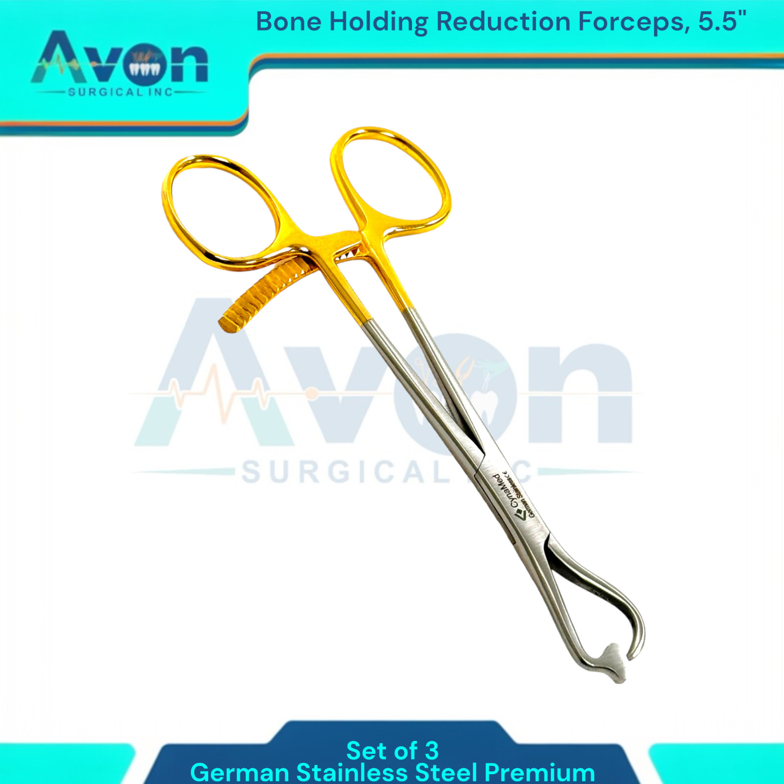 Premium Bone Holding Reduction Forceps 5.5″ w/ Ratcheting Gold Handle, 3PK