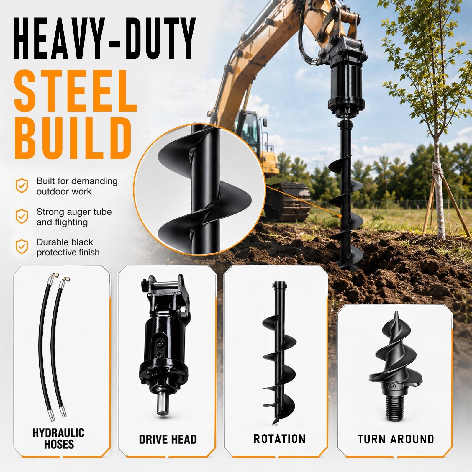 Mini Excavator Attachment Hydraulic Auger Drill 0.8Ton-2Ton 200mm Diameter Auger