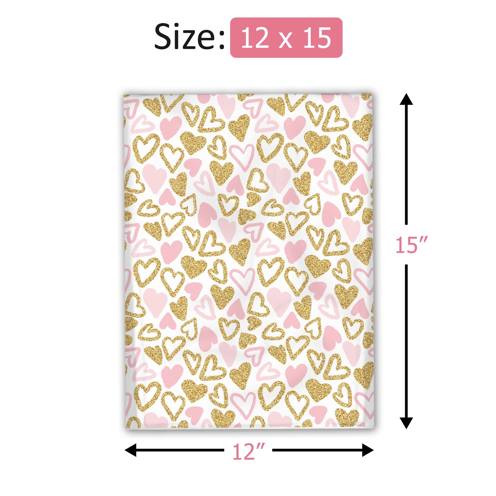 12×15 50 Pink and Gold Hearts Designer Poly Mailers Shipping Envelopes Premiu…