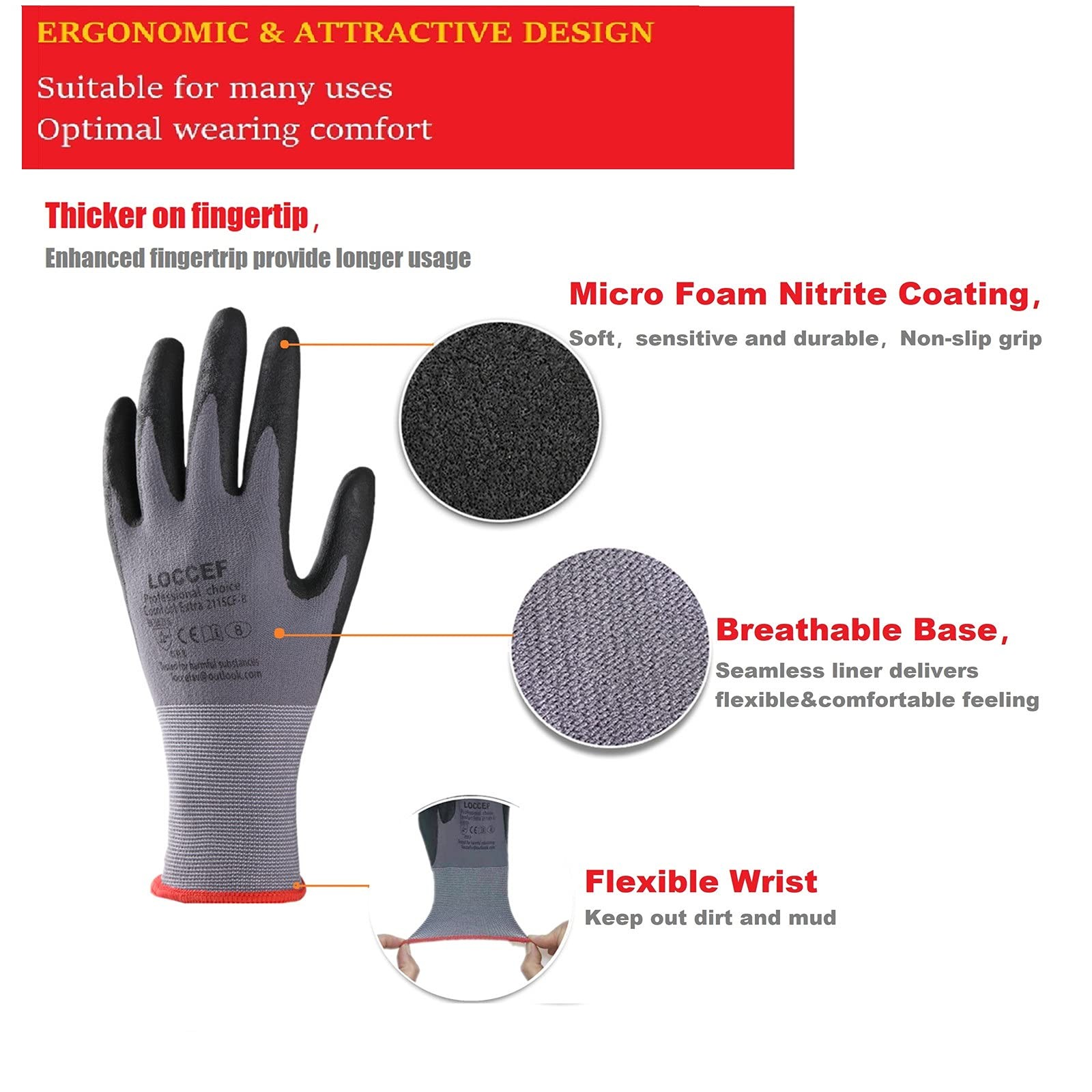 Safety Work Gloves MicroFoam Nitrile Coated 36 Pairs Seamless Knit Nylon 9/L