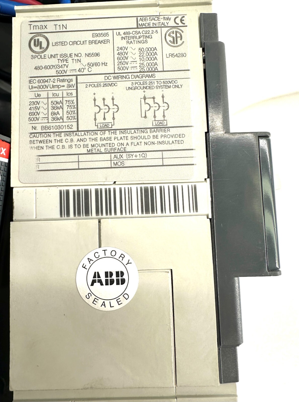 ABB T1N E93565 SACE Tmax 30 Amp 3-Pole 480v BREAKER NEW PULL ZERO HOURS!~