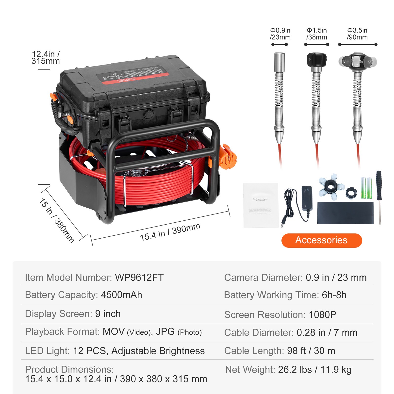 9″ Sewer Camera 98 ft/30m Self-Leveling Drain Camera with 512Hz Transmitter