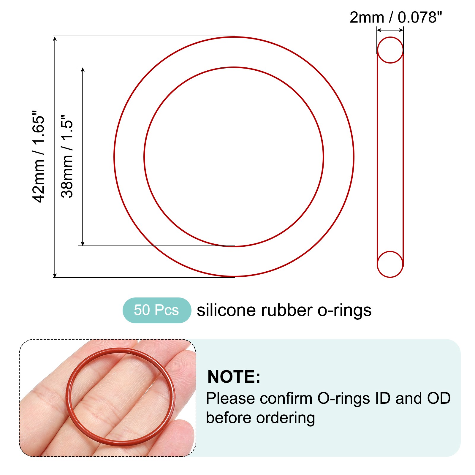 50Pcs Silicone O-Ring 38mm ID 42mm OD 2mm Width VMQ Seal Washers Red