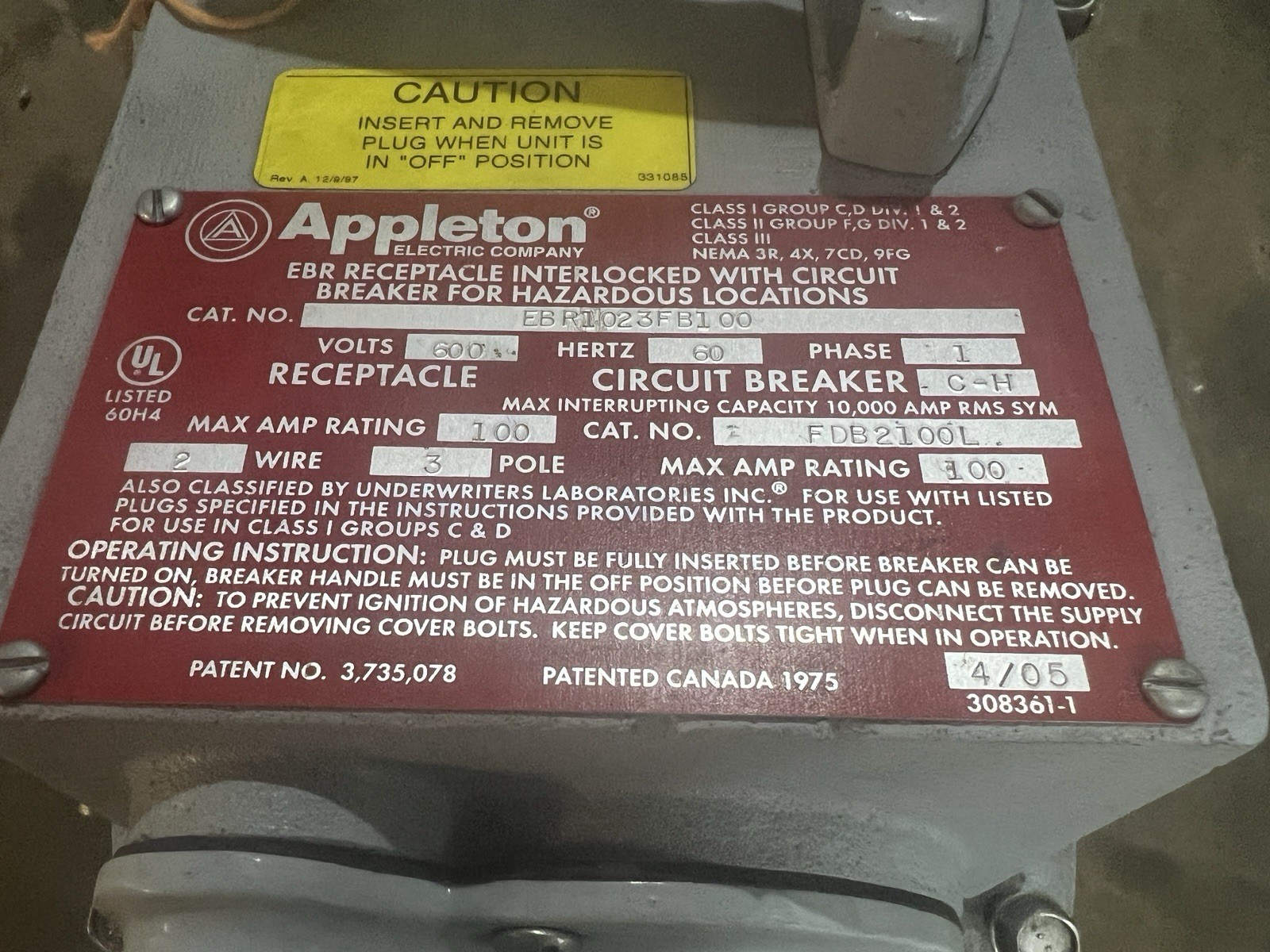 Appleton EBR1023FB100 Interlocked Receptacle Circuit Breaker 600V 100A 3-Pole