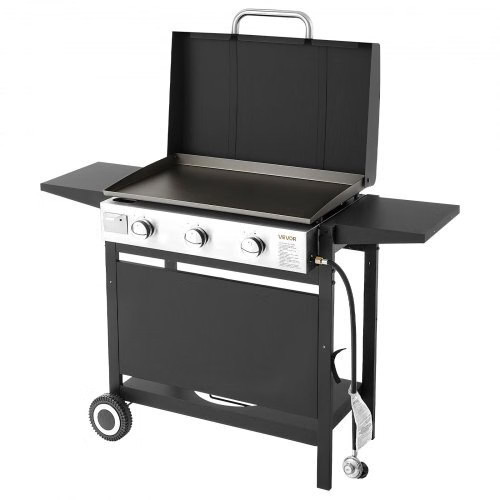 Gas Griddle, 3-Burner Flat Top Grill, Propane Griddle with Wheels, Lid, 3 x 1100