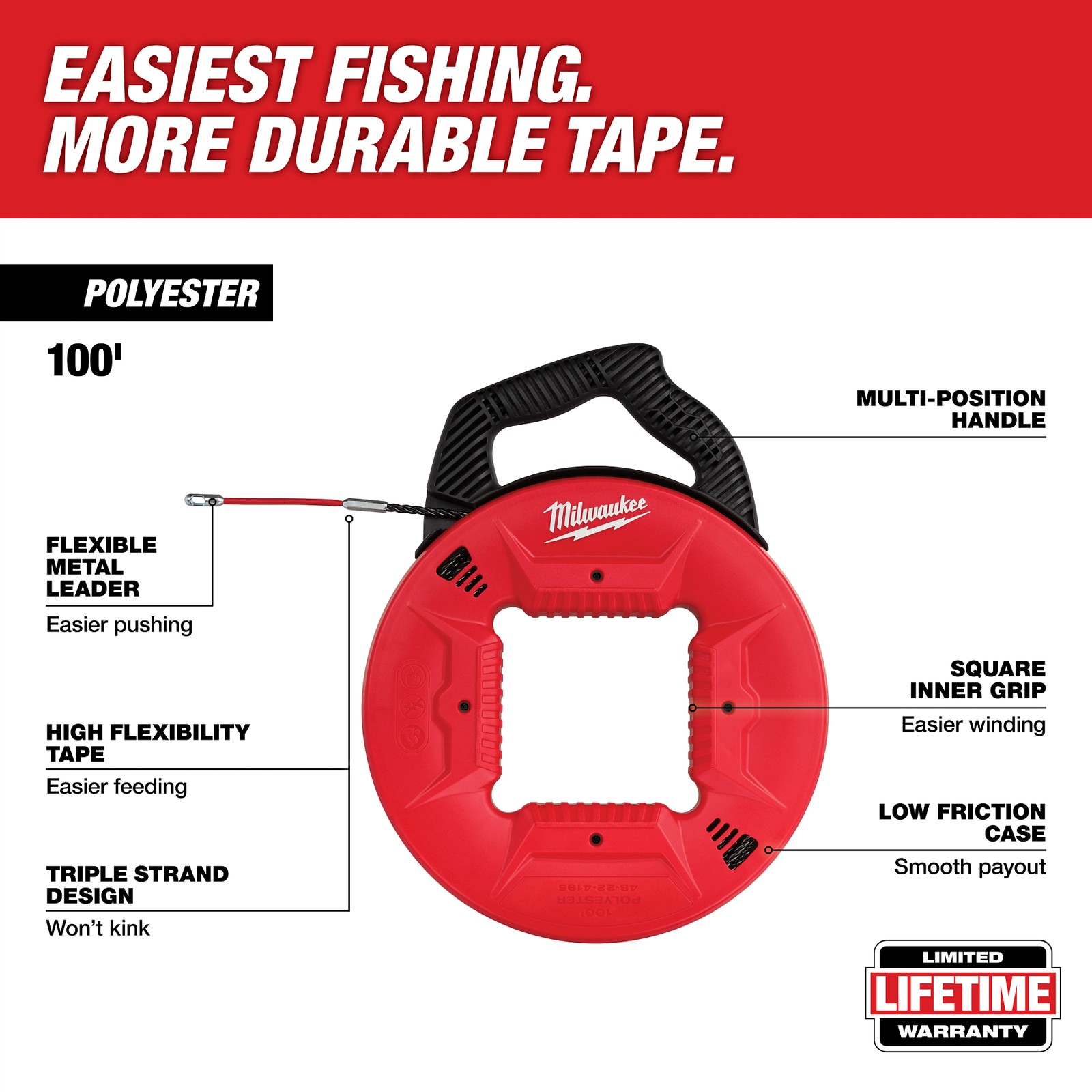 Milwaukee Tool 48-22-4195 100′ Polyester Fish Tape With Flexible Metal Leader