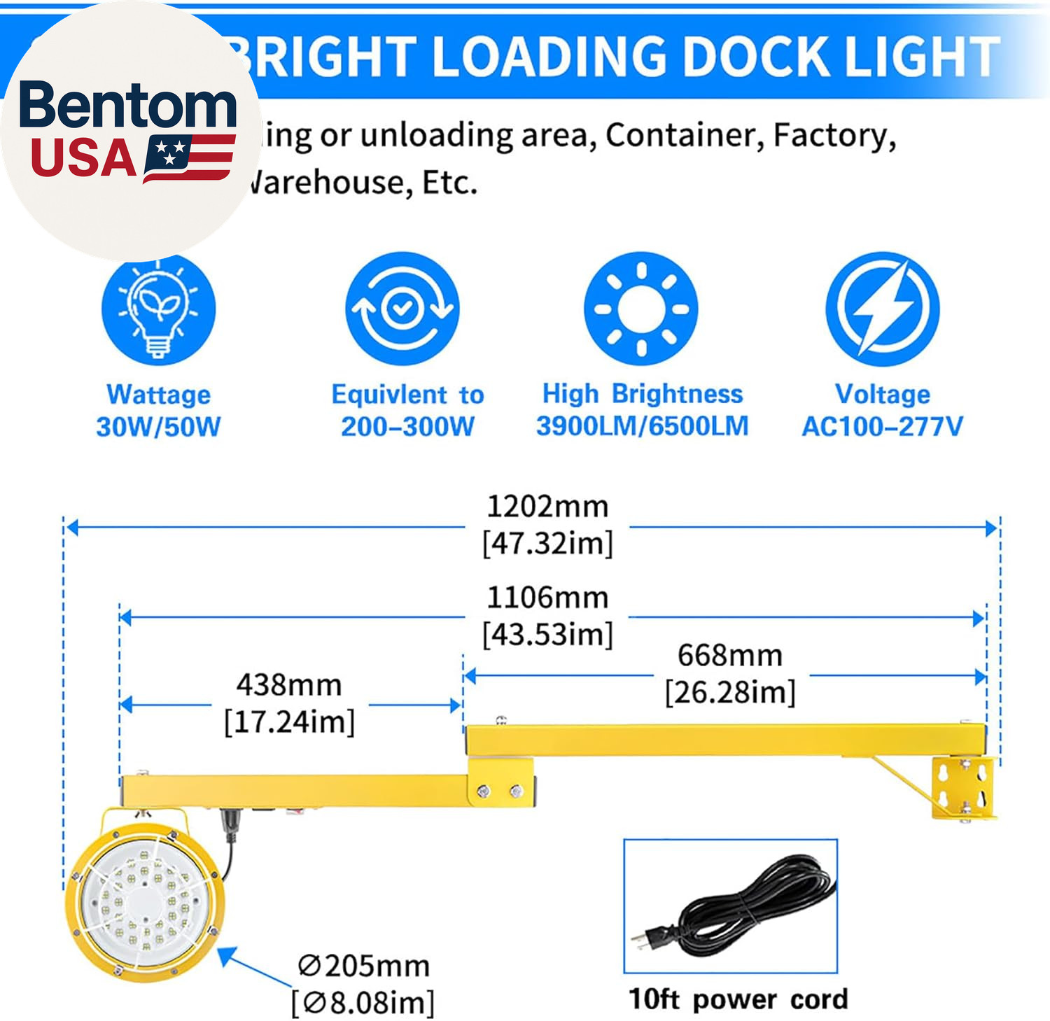30/50W LED Loading Dock Light with 43″ Folding Arm, 3000K 4000K 5000K Adjustable