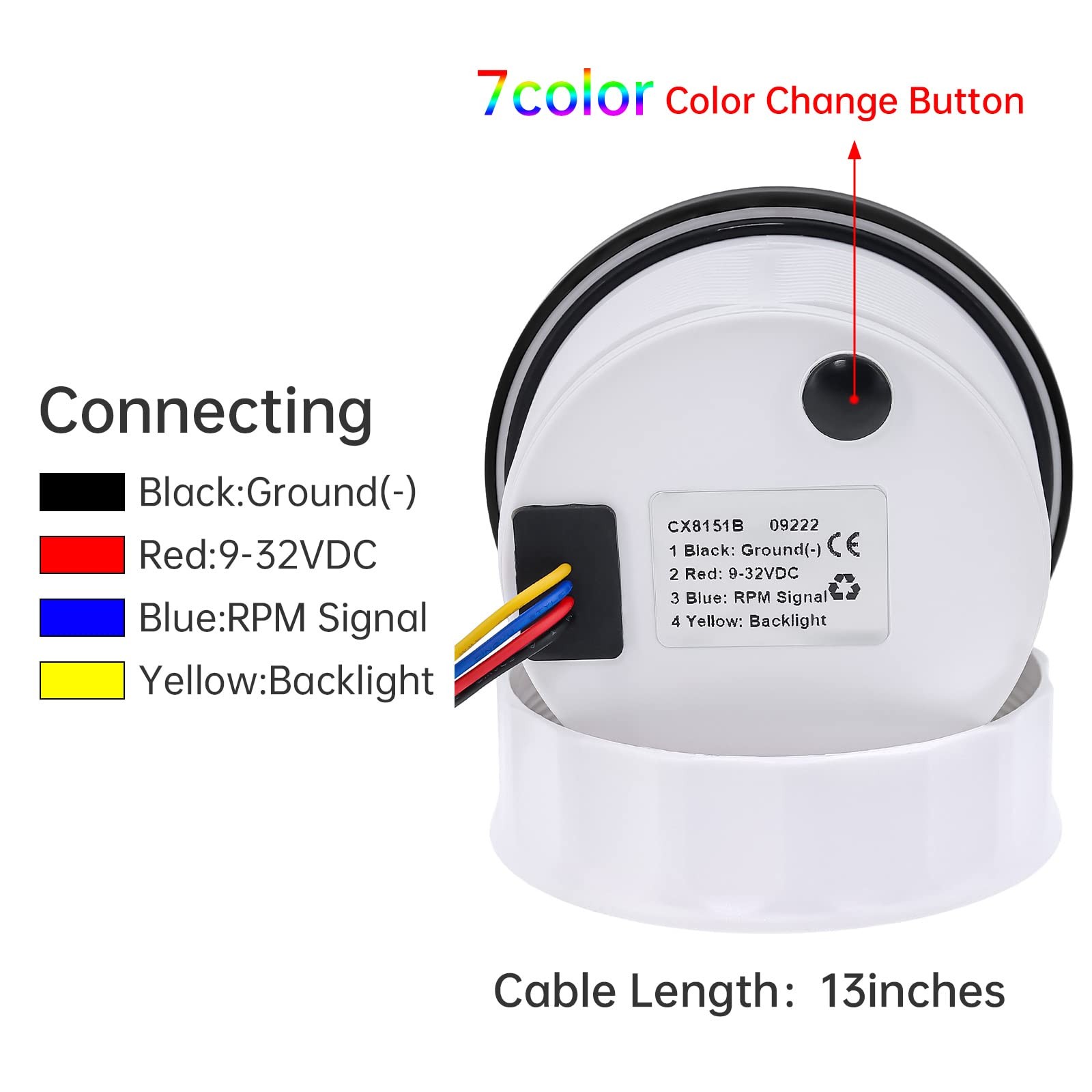 Tachometer Boat 7000 RPM Gauge 85mm 3-3/8″ 7 Color for Car AUTO Truck 9-32V (…