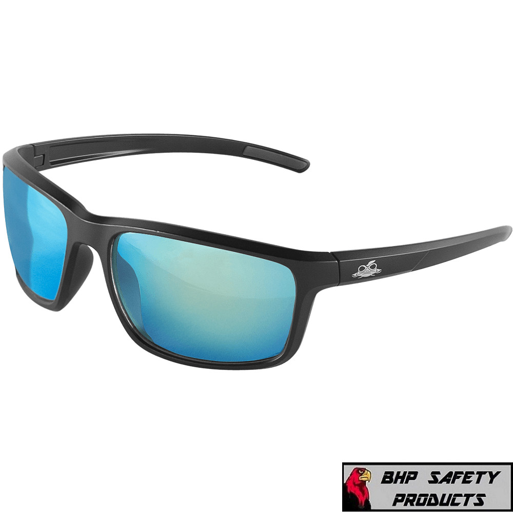 Bullhead Pompano Polarized Ice Blue Mirror PFT Anti Fog Black Sun Safety Glasses