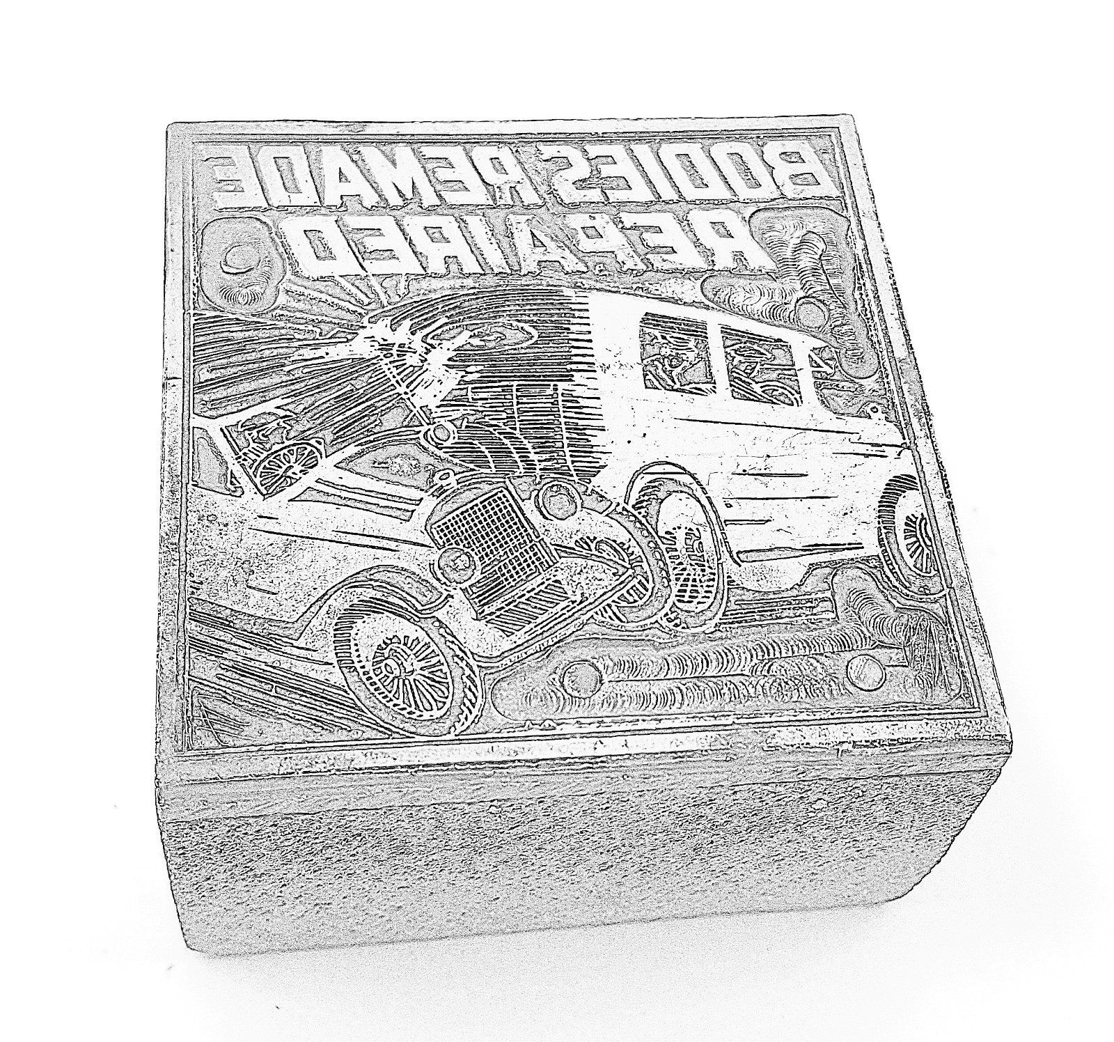 Vintage Copper & Wood Print Block Letterpress Car Crash Bodies Repaired