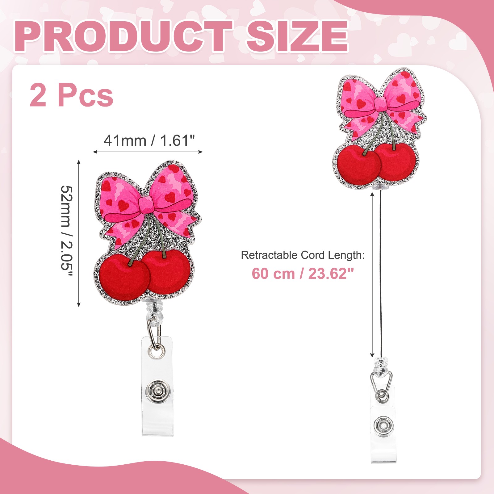 2pcs Acrylic Bow Badge Holder 1.61″x2.05″ with Retractable Cord, Silver Red-Pink
